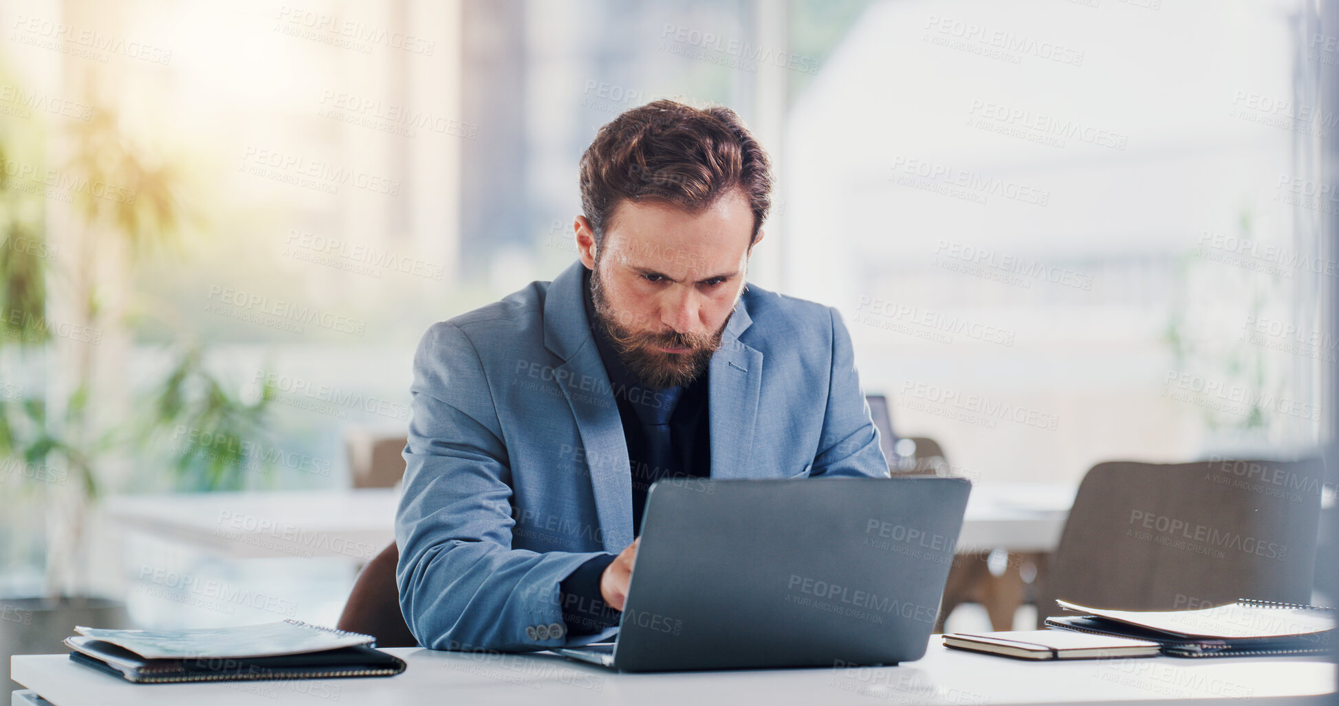 Buy stock photo Businessman, research or reading in office with laptop, stock market report or monitor company shares. Person, online trading or risk assessment in firm with computer, investment portfolio or website
