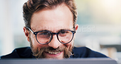 Buy stock photo Happy, businessman or reading in office with tech, stock trading report or check sale of company shares. Person, smile or monitor equity in agency with website, glasses or investment portfolio growth