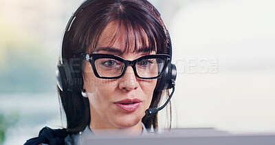 Buy stock photo Business, woman and consultant with headset in call center office for customer service or CRM. Mature, female person or agent talking with mic for virtual assistance, communication or web support
