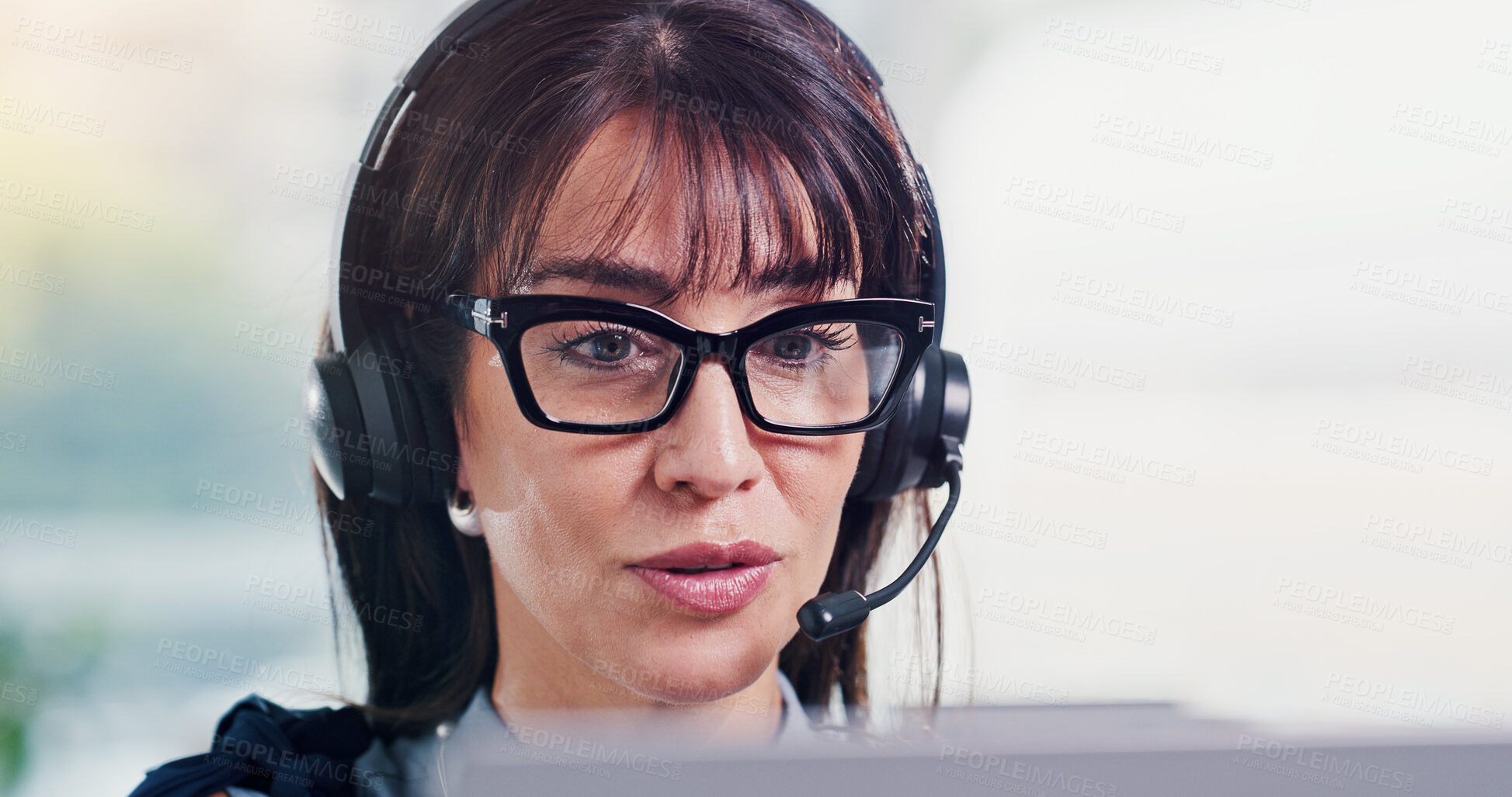 Buy stock photo Business, woman and consultant with headset in call center office for customer service or CRM. Mature, female person or agent talking with mic for virtual assistance, communication or web support