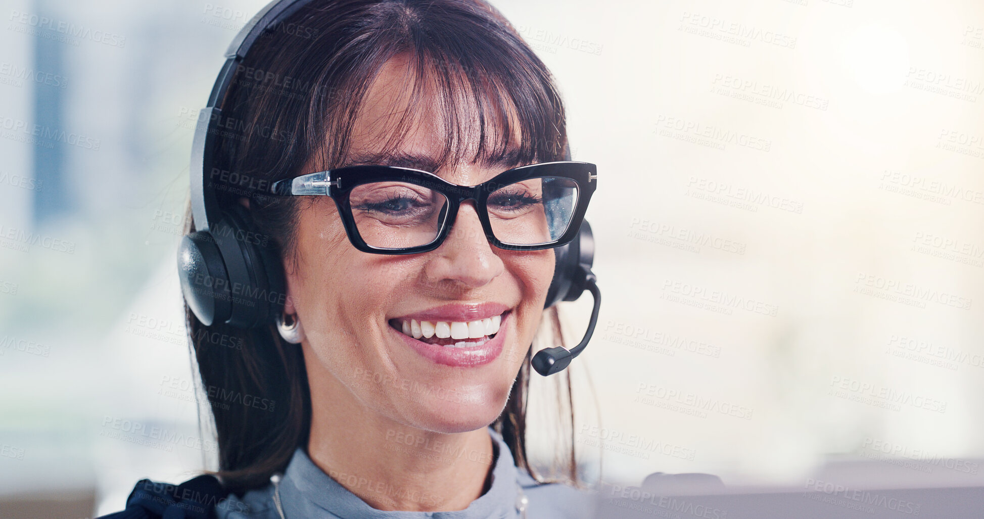 Buy stock photo Telemarketer, laughing and woman with headset in office, online and funny conversation with contact. Happy, agent and mature person with mic for communication, space and telemarketing in call center