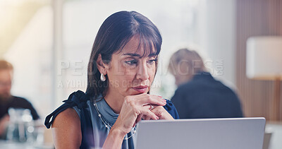 Buy stock photo Woman, thinking and reading in office with laptop, check pr statement and plan for brand management. Coworking, mature person and review campaign in agency with computer, website or public relations.
