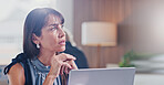 Laptop, thinking and woman in workplace for insurance broker, policy premium and contemplation. Risk assessment analyst, cover planning and reflection with mature person in agency for online benefits