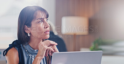 Buy stock photo Laptop, thinking and woman in workplace for insurance broker, policy premium and contemplation. Risk assessment analyst, cover planning and reflection with mature person in agency for online benefits