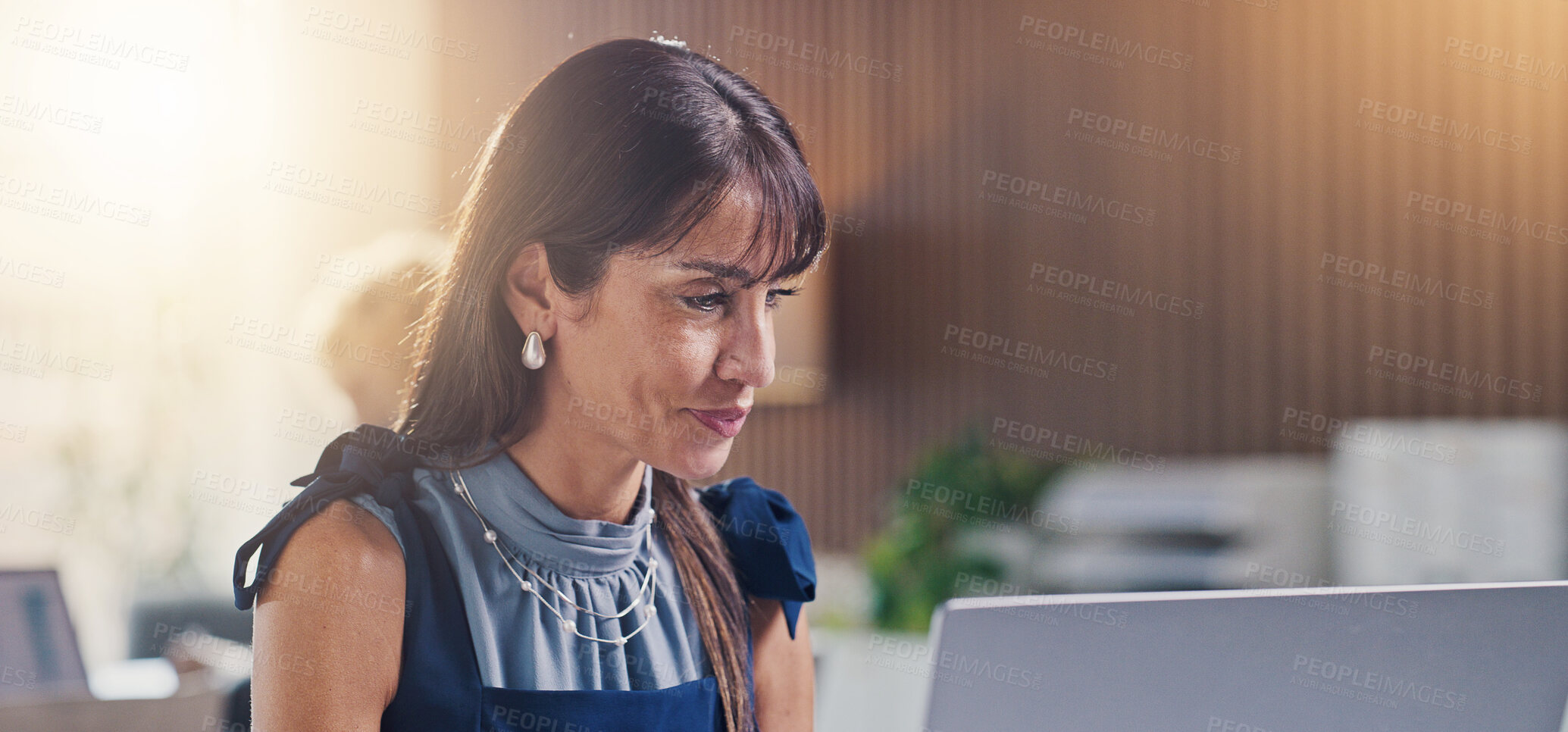 Buy stock photo Woman, smile and reading in office with laptop, website or positive feedback for online press release. Happy, mature person and public relations in business with computer, review campaign or PR work.