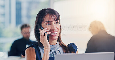 Buy stock photo Phone call, discussion and businesswoman with smile in office, hiring or communication for job offer. Business, vacancy and chat for interview schedule, HR management and mature person with mobile