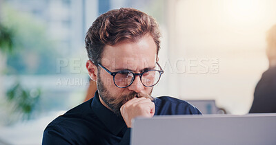 Buy stock photo Businessman, thinking or reading in office with laptop, stock trading or review investment portfolio. Person, problem solving and monitor equity with computer, glasses or research funding opportunity