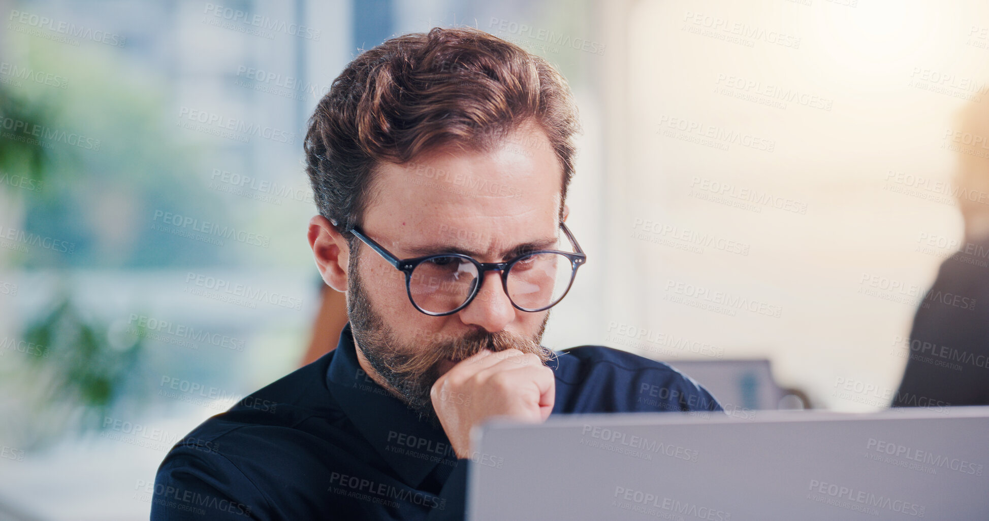 Buy stock photo Businessman, thinking or reading in office with laptop, stock trading or review investment portfolio. Person, problem solving and monitor equity with computer, glasses or research funding opportunity