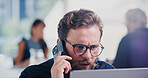 Office, phone call and businessman with laptop, talking or communication with contact for job offer. Serious, HR and reading resume on website, vacancy and person with mobile for interview schedule