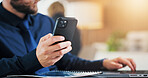 Phone, hands and businessman with laptop in office for compliance info, research or typing. Mobile, computer and consultant in company for report, risk assessment and regulation policy development