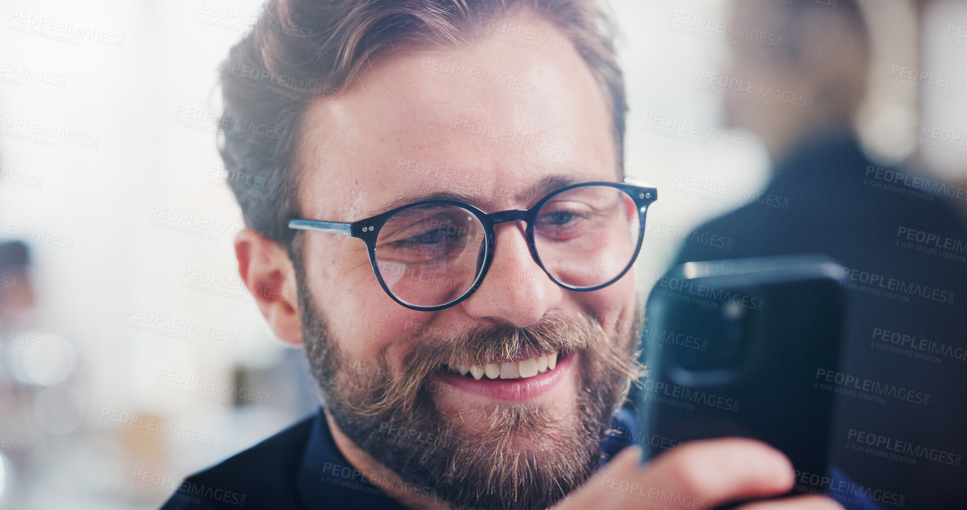 Buy stock photo Happy, businessman and typing with phone in office for social media, communication or network. Man, employee or research with smile, glasses or mobile smartphone for online texting or chatting app