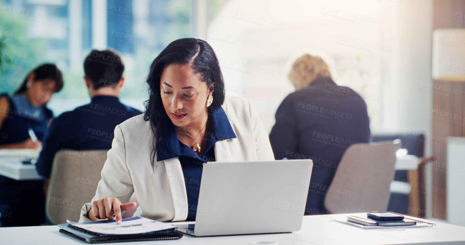 Buy stock photo Reading, document and businesswoman with laptop in office, administration or financial report on web. Serious, bookkeeper and person with tech for payroll approval, paperwork and budget review