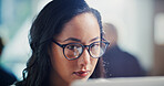 Businesswoman, reading and glasses in office with tech, stock trading and review investment portfolio. Finance, person and monitor equity online with internet, email and website for capital funding.