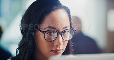 Buy stock photo Businesswoman, reading and glasses in office with tech, stock trading and review investment portfolio. Finance, person and monitor equity online with internet, email and website for capital funding.