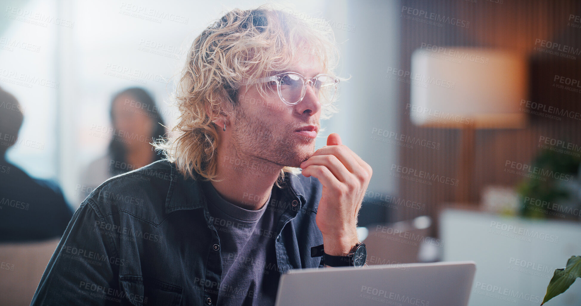 Buy stock photo Laptop, thinking and man in office for insurance broker, policy premium and problem solving. Risk assessment analyst, cover solution and reflection with person in agency for online benefits or choice