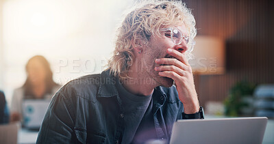 Buy stock photo Tired, man and yawning with laptop in office for fatigue, exhausted or overworked strain. Burnout, person and employee with computer for project deadline, boredom or unproductive day in workplace