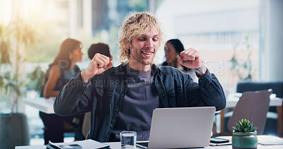 Buy stock photo Happy, businessman and laptop with fist pump in office for winning, promotion or bonus. Excited, man or employee with smile on computer for business success, good news or salary increase in workplace