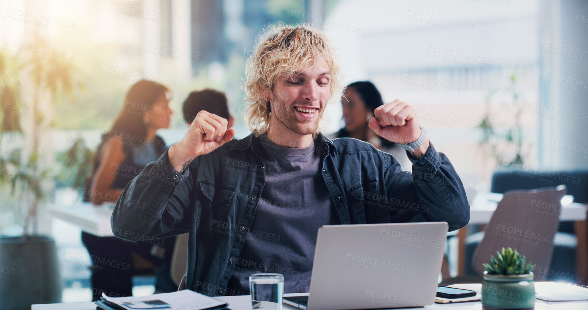 Buy stock photo Happy, businessman and laptop with fist pump in office for winning, promotion or bonus. Excited, man or employee with smile on computer for business success, good news or salary increase in workplace