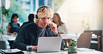 Man, headset and virtual assistant in office with laptop, conversation and help for customer service. Coworking, person and online administrator in business with computer, advice and client support.