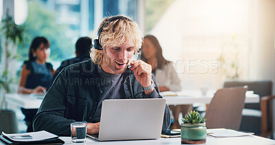 Buy stock photo Man, headset and virtual assistant in office with laptop, conversation and help for customer service. Coworking, person and online administrator in business with computer, advice and client support.