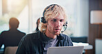 Man, talk and virtual assistant in office with laptop, connectivity and help for customer service. Coworking, person and online administrator in business with computer, advice and client support.