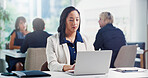 Businesswoman, typing and serious with laptop in office, administration and financial report on web. Business, HR and person with tech for payroll approval, online and planning for budget update