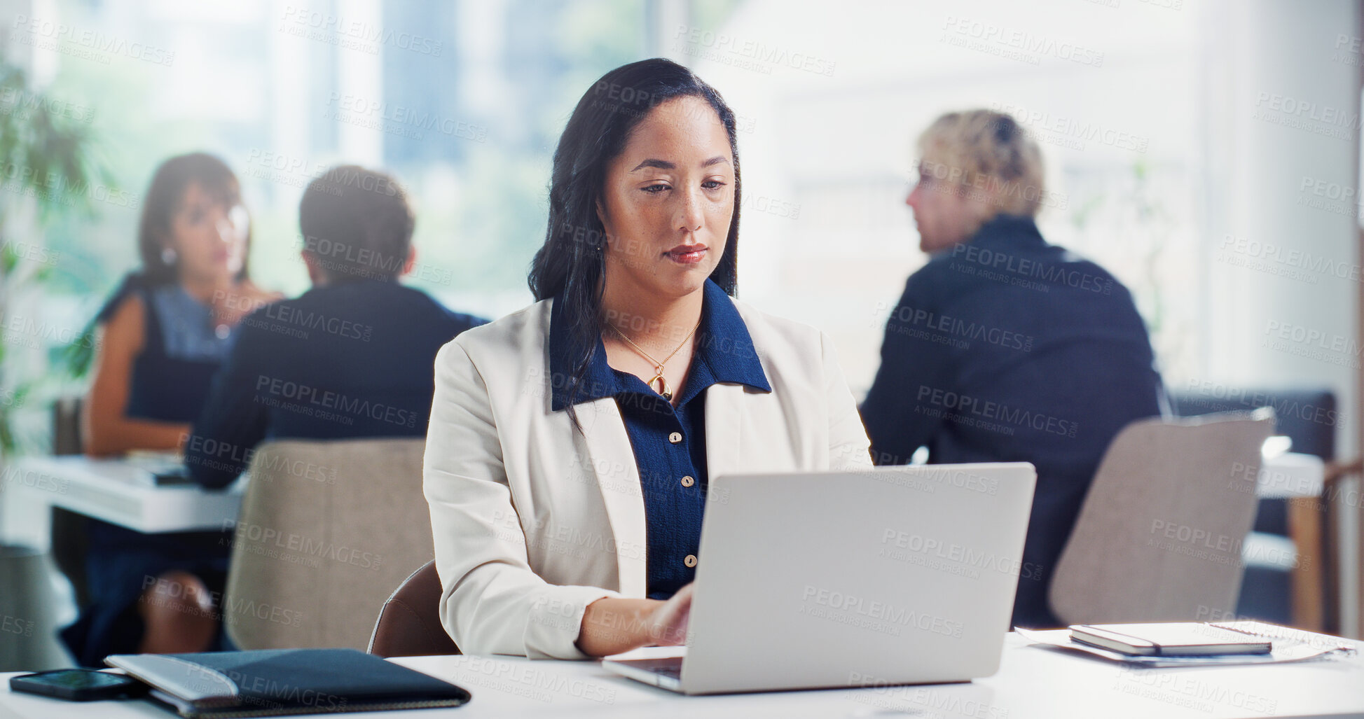 Buy stock photo Businesswoman, typing and serious with laptop in office, administration and financial report on web. Business, research or person with tech for payroll approval, online and planning for budget update