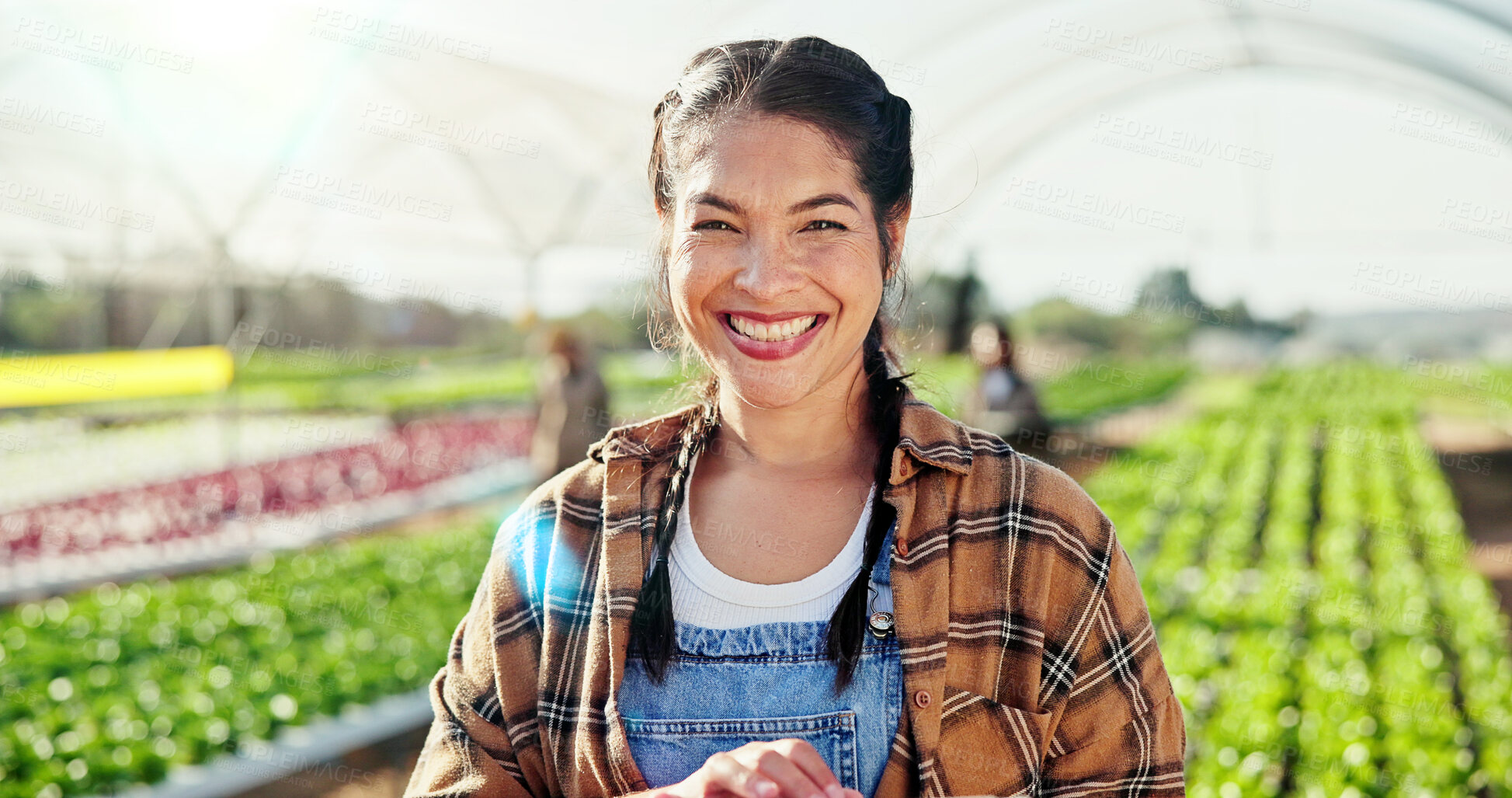 Buy stock photo Smile, portrait and woman on farm with greenhouse for growth, sustainability and harvesting. Agriculture, nature and farmer with agro business for healthy crops, vegetables or hydroponics produce