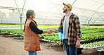 Agriculture, farmers or handshake in greenhouse for deal, industry partnership or production agreement. Collaboration, people and shaking hands for crop development support, b2b alliance and smile