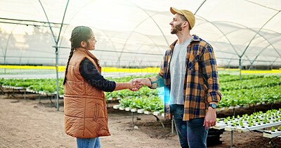 Buy stock photo Agriculture, farmers or handshake in greenhouse for deal, industry partnership or production agreement. Collaboration, people and shaking hands for crop development support, b2b alliance and smile