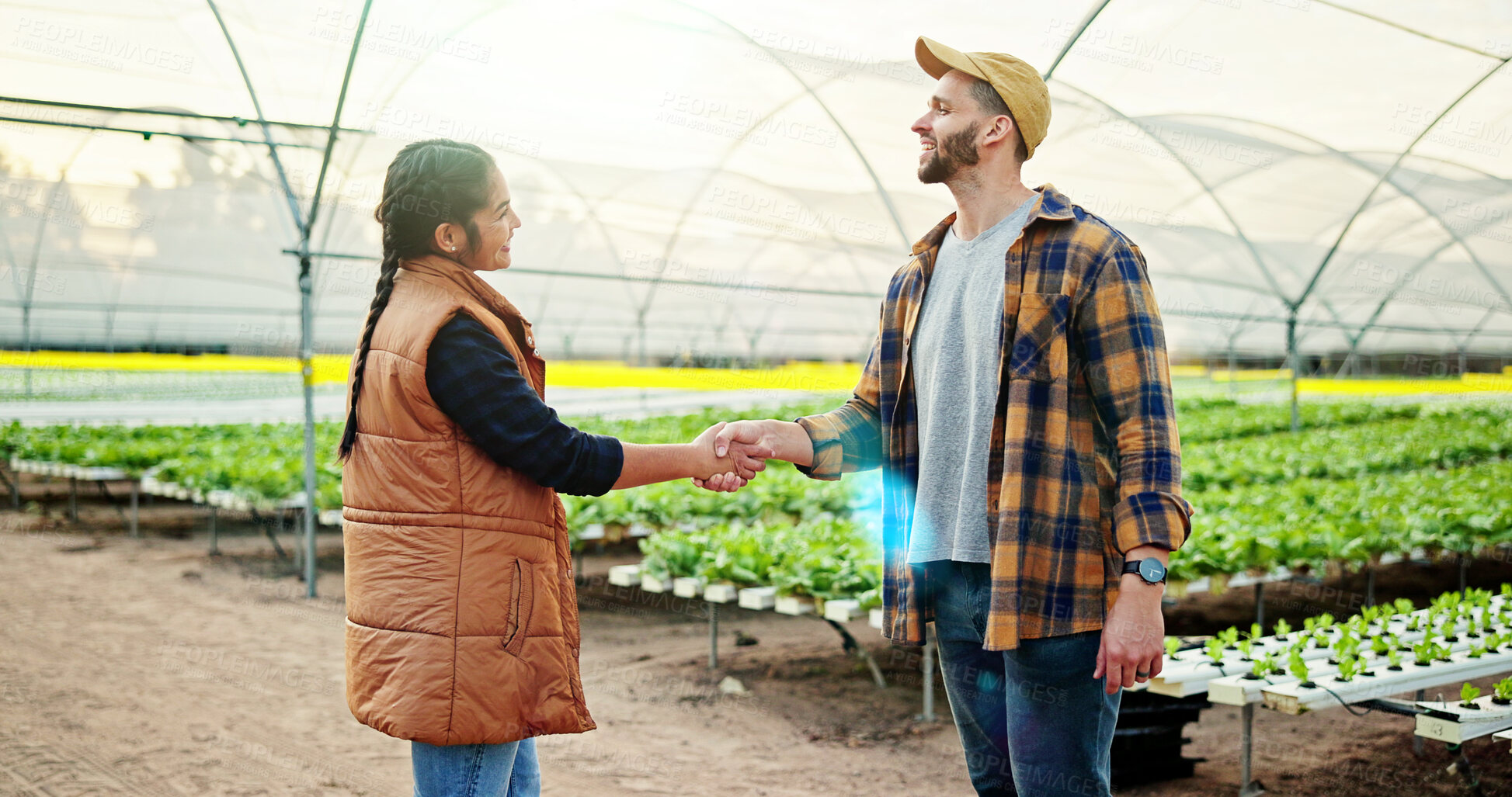 Buy stock photo Agriculture, farmers or handshake in greenhouse for deal, industry partnership or production agreement. Collaboration, people and shaking hands for crop development support, b2b alliance and smile