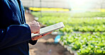 Agriculture, hands or farmer with tablet in greenhouse, horticulture research or pest control advice. Harvest report, farming or person with tech for crop growth info, internet or sustainability tips