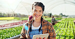 Smile, portrait and woman on farm with tablet for checklist, sustainability and harvest. Agriculture, quality control and farmer with tech for agro business, healthy crops or hydroponics produce