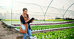 Smile, inspection and farmer with checklist for agriculture, sustainability and harvest. Growth, clipboard and woman on farm with agro business for crops, quality control or hydroponics produce