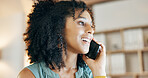 Business, phone call and woman with smile for conversation, contact and administration in agency. Booking, consultant or receptionist with tech for networking, schedule planning or chat in office