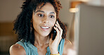 Business, phone call and woman with computer for conversation, contact and administration in agency. Booking, consultant or receptionist with tech for networking, schedule planning or chat in office