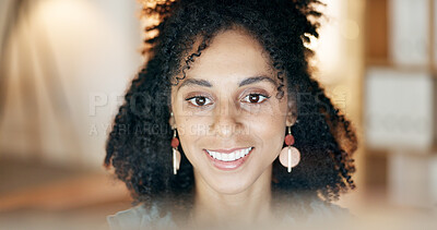 Buy stock photo Business, woman and reading with computer in office for research, copywriting and story feedback. Smile, female editor or pc for draft update, online facts and review newsletter on article submission