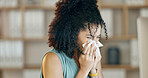 Blowing nose, sick and woman with tissue in office for illness, influenza and allergy season. Tired, female person and sinus issue with virus in creative agency for infection, pneumonia and symptoms