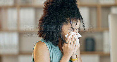 Buy stock photo Blowing nose, sick and woman with tissue in office for illness, influenza and allergy season. Tired, female person and sinus issue with virus in creative agency for infection, pneumonia and symptoms
