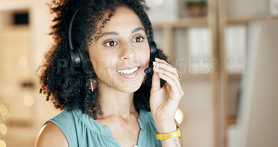 Buy stock photo Telemarketing, computer and happy woman with headset in business, lead generation and communication. Call center, agent and person with mic for consultation, smile and discussion with tech for sales