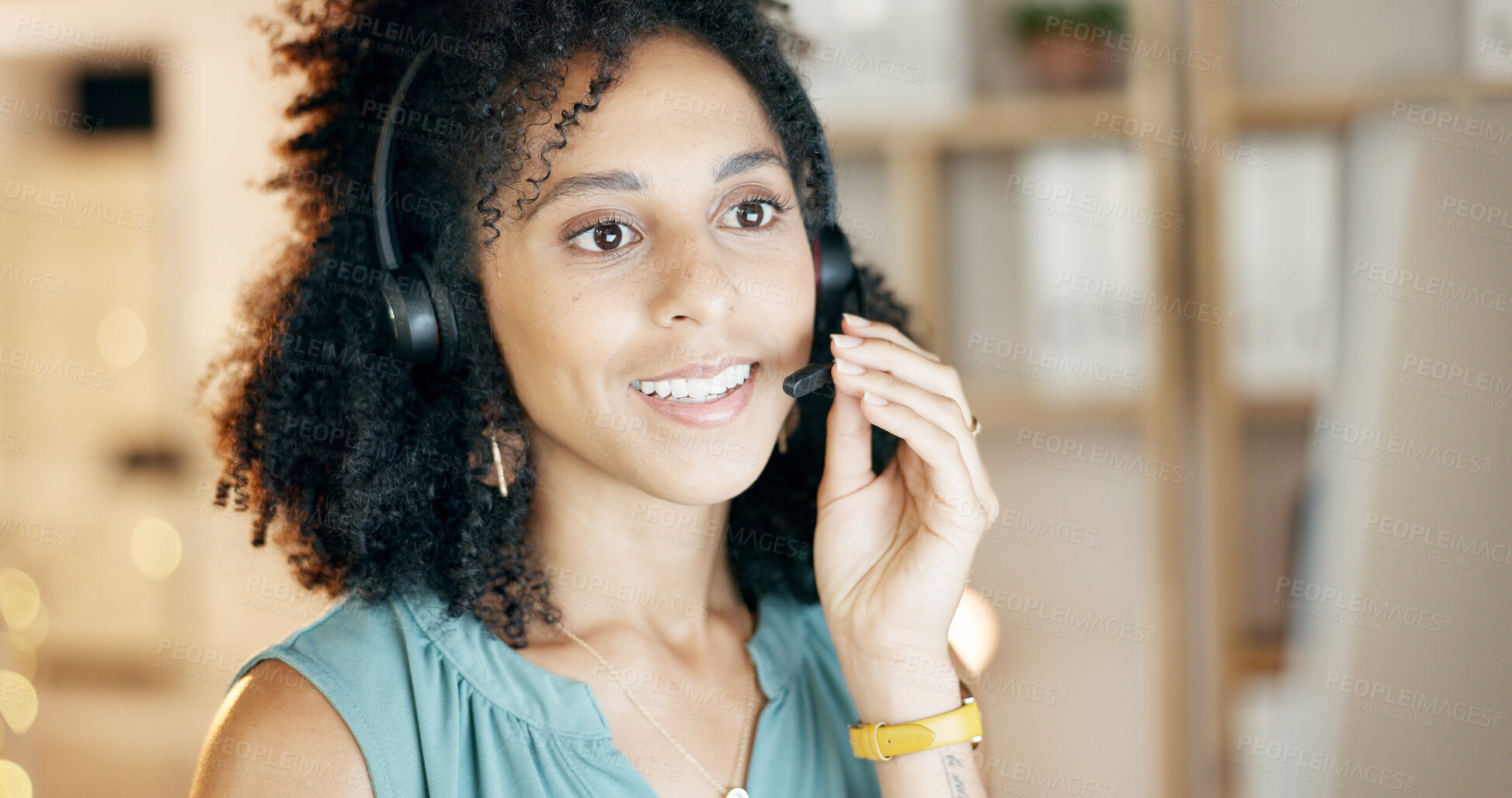 Buy stock photo Telemarketing, computer and happy woman with headset in business, lead generation and communication. Call center, agent and person with mic for consultation, smile and discussion with tech for sales