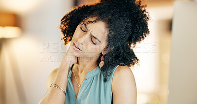 Buy stock photo Woman, neck pain or pressure with stress for mistake, inflammation or burnout in office. Frustrated, female person and night with bad posture, strain or fatigue for deadline in administration agency