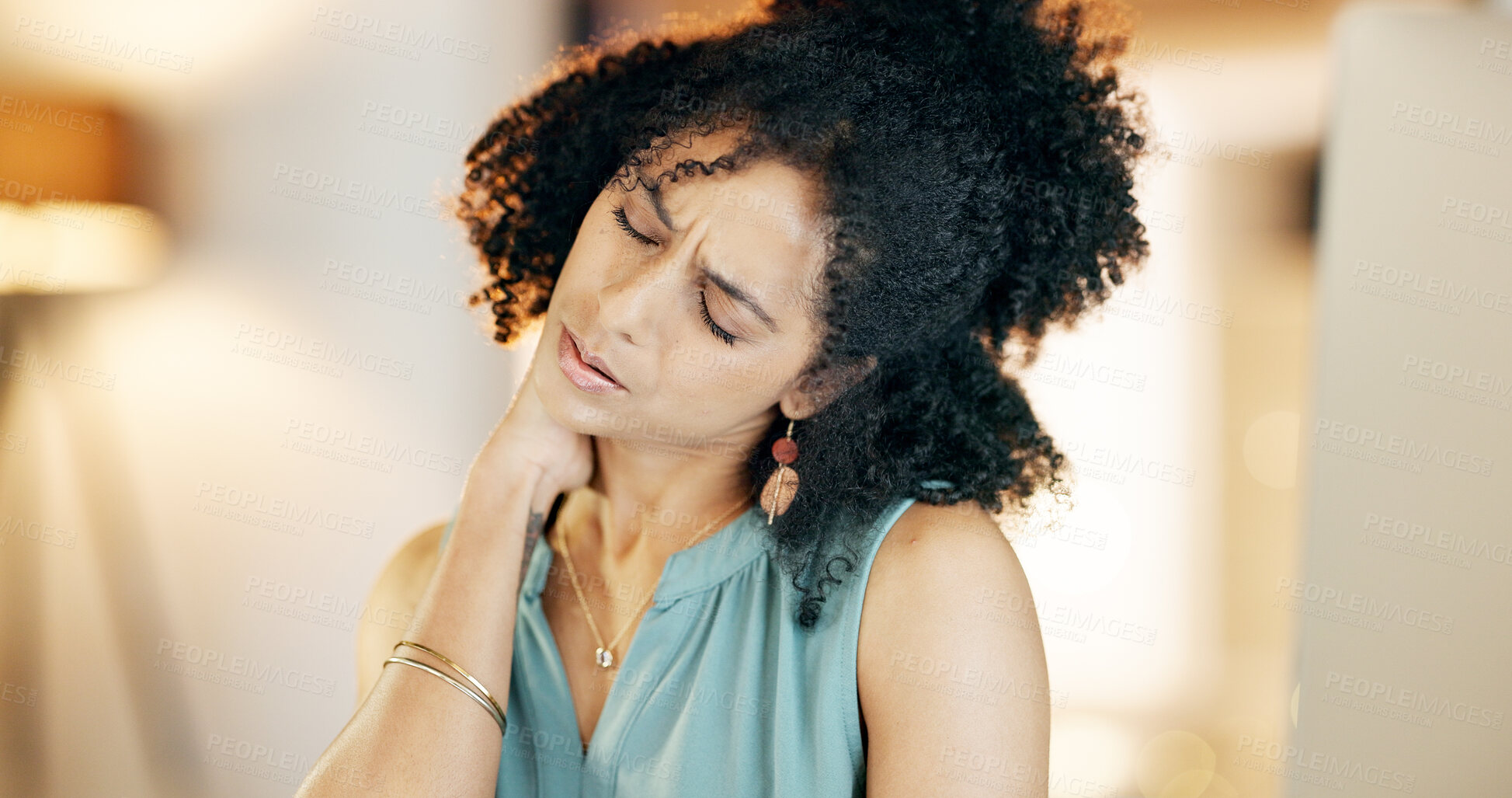 Buy stock photo Woman, neck pain or pressure with stress for mistake, inflammation or burnout in office. Frustrated, female person and night with bad posture, strain or fatigue for deadline in administration agency