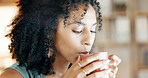 Coffee, calm and businesswoman in office with aroma in morning for break with creative project. Cappuccino, professional and editor drinking warm beverage with scent for relax at publishing agency.