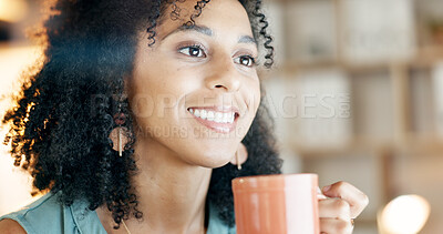 Buy stock photo Business, woman and reading with coffee in office for proofreading, copywriting and story approval. Smile, journalist and beverage for draft update, check facts and information on article publication