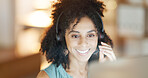 Telemarketing, computer and happy woman with headset at night, call center and discussion for sales. Lead generation, agent and person with mic for consultation, smile and working late for deadline