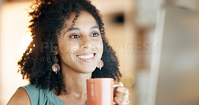 Buy stock photo Business, woman and coffee with computer in office for research, copywriting and story approval. Smile, person and drink with pc for draft update, online facts and proofreading for article submission