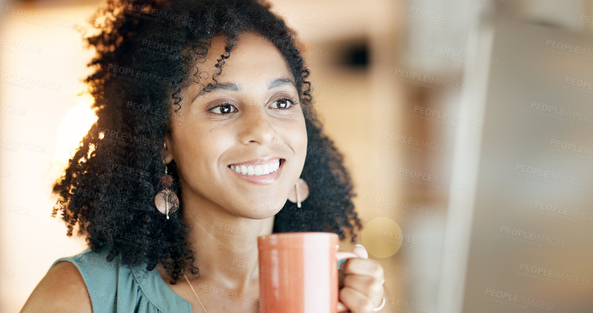 Buy stock photo Business, woman and coffee with computer in office for research, copywriting and story approval. Smile, person and drink with pc for draft update, online facts and proofreading for article submission
