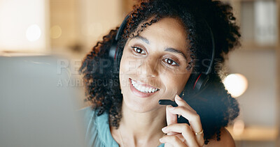 Buy stock photo Call center, computer and happy woman with headset at night, telemarketing and discussion for sales. Lead generation, agent and person with mic for consultation, smile and working late for deadline