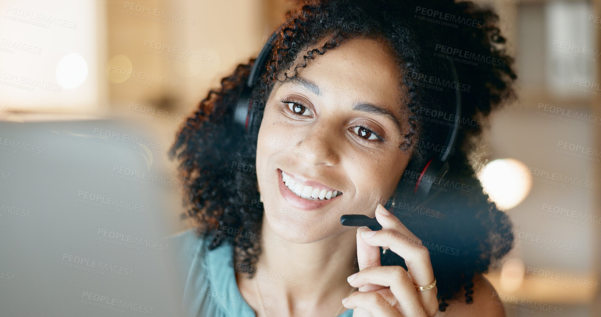 Buy stock photo Call center, computer and happy woman with headset at night, telemarketing and discussion for sales. Lead generation, agent and person with mic for consultation, smile and working late for deadline
